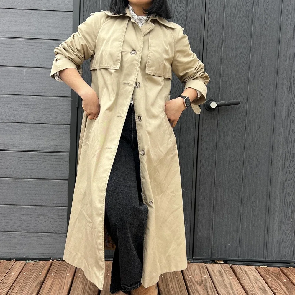 Vintage Utex Trench Coat Beige Classic Long Jacket Minimalist Belted small coat - Picture 8 of 10
